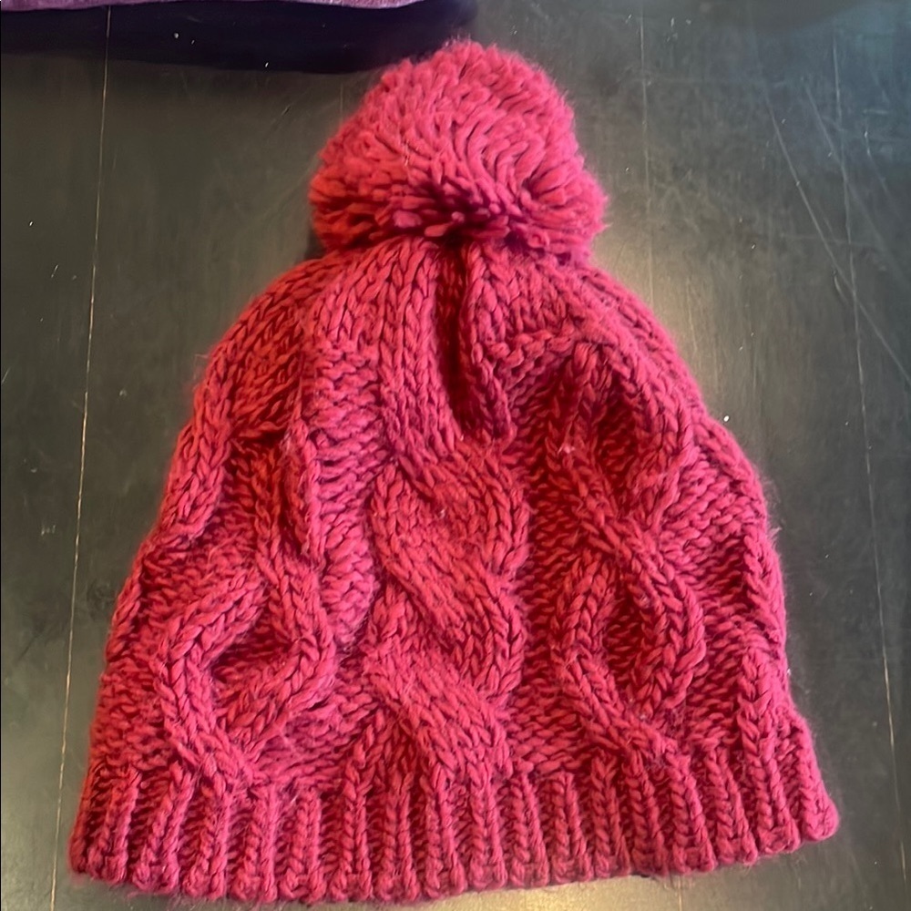 Chunky Cable Knit Beanie with Pom-Pom - Burgundy